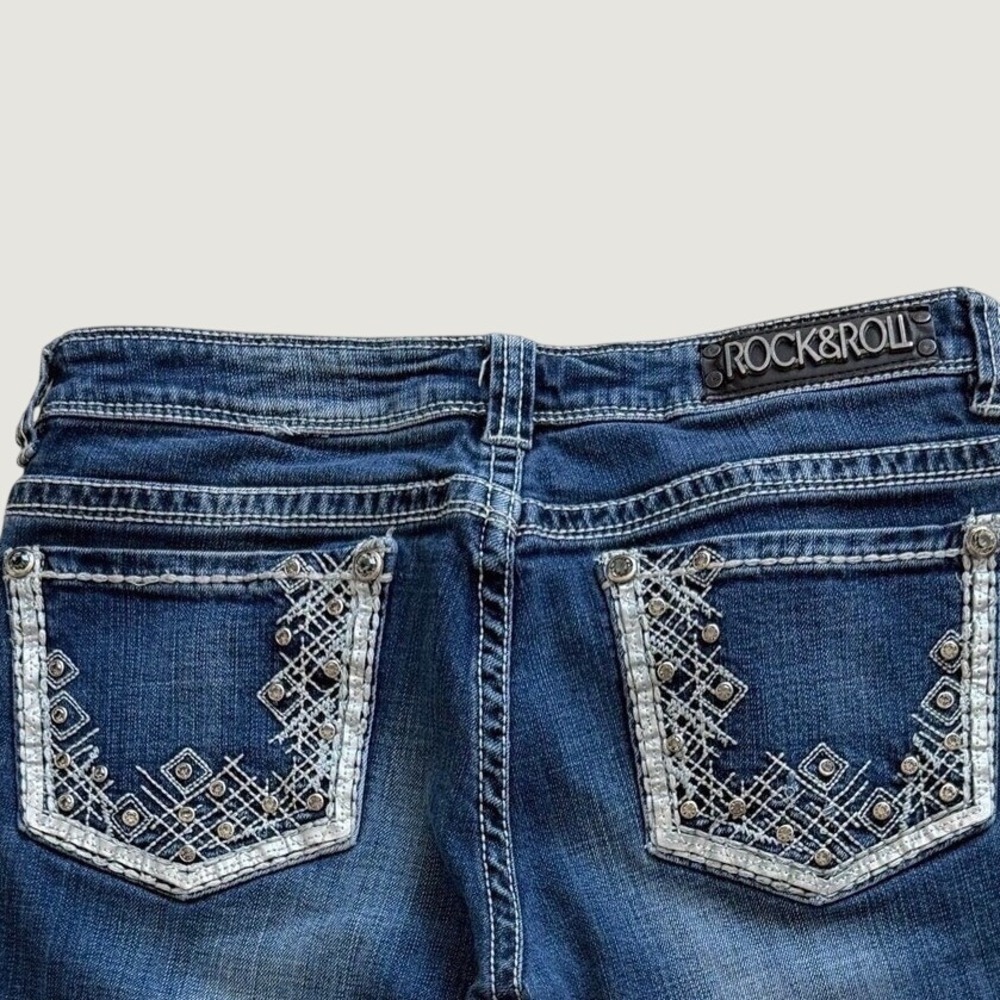 Western Bootcut Jeans Embroidered Rhinestone Low Rise Rock & Roll Cowgirl 25x32